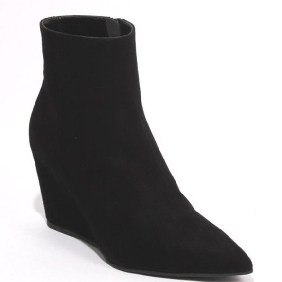 ITALIAN Black Suede Pointy Toe Ankle Wedge Boots